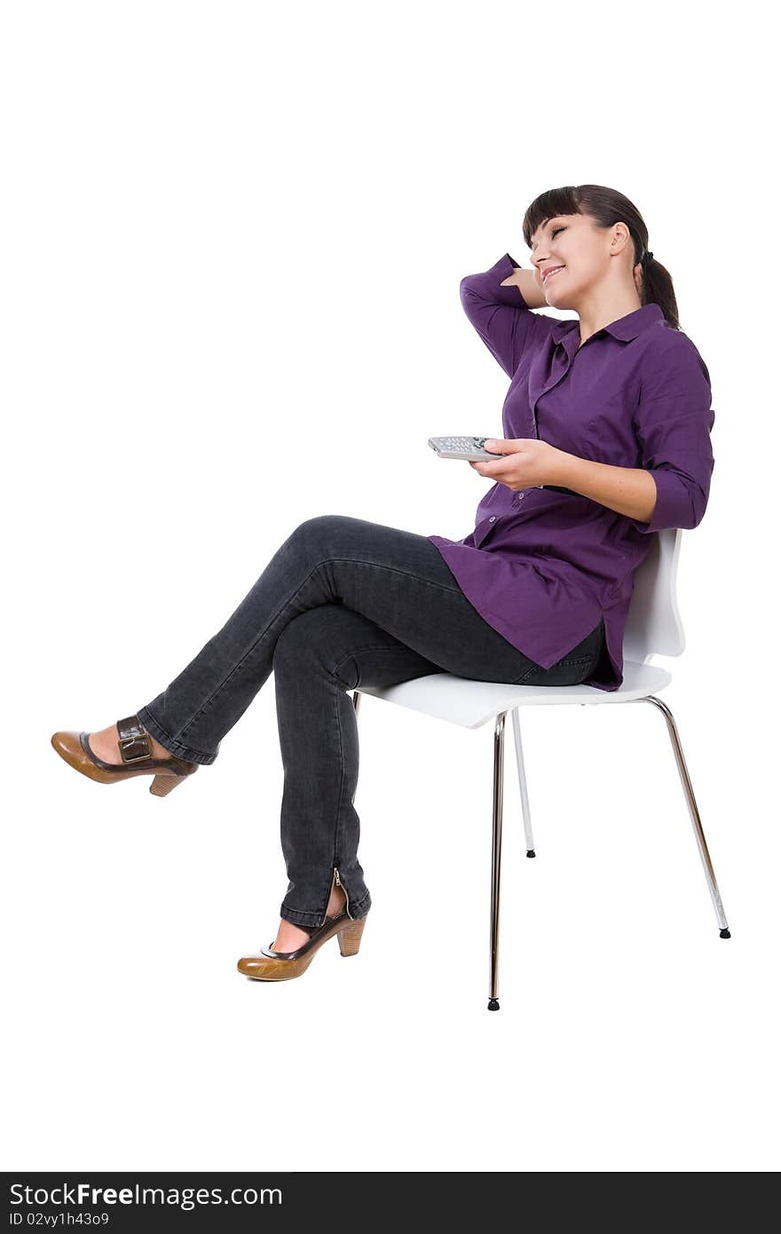 Young adult woman watching tv. over white background