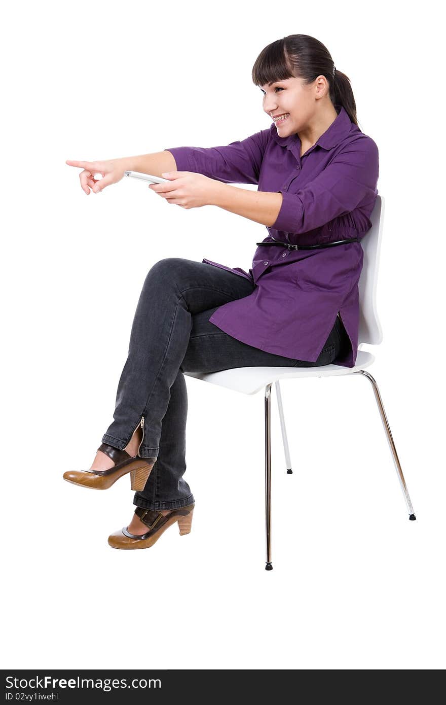 Young adult woman watching tv. over white background