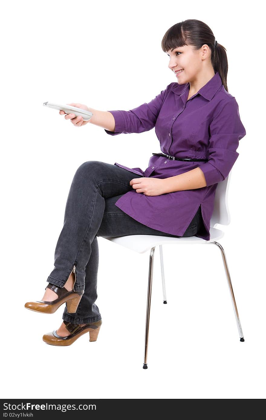 Young adult woman watching tv. over white background