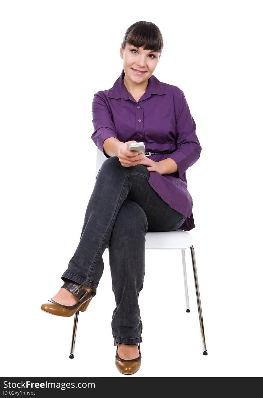 Young adult woman watching tv. over white background