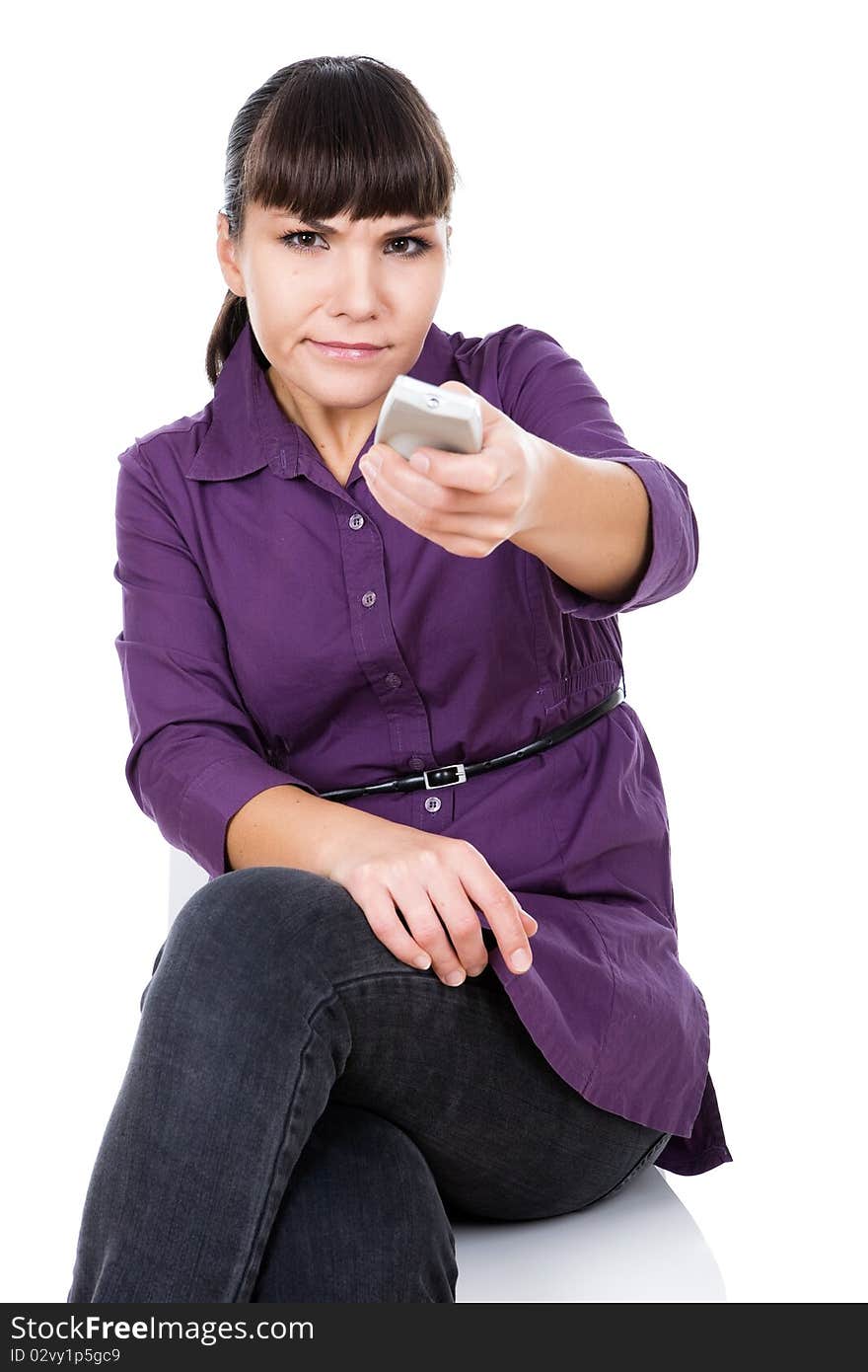 Young adult woman watching tv. over white background