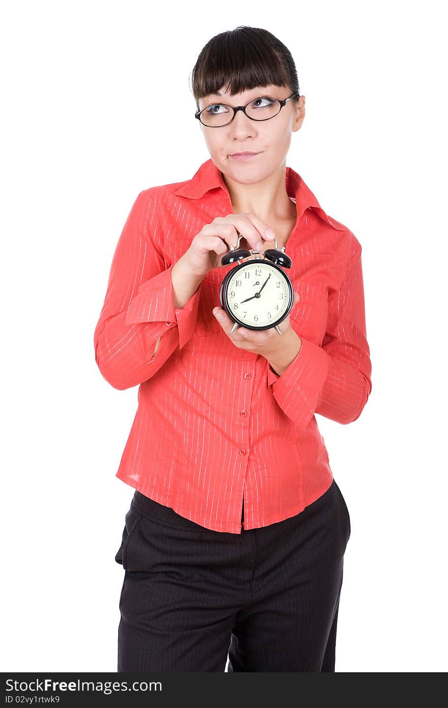 Young adult woman with clock. over white background