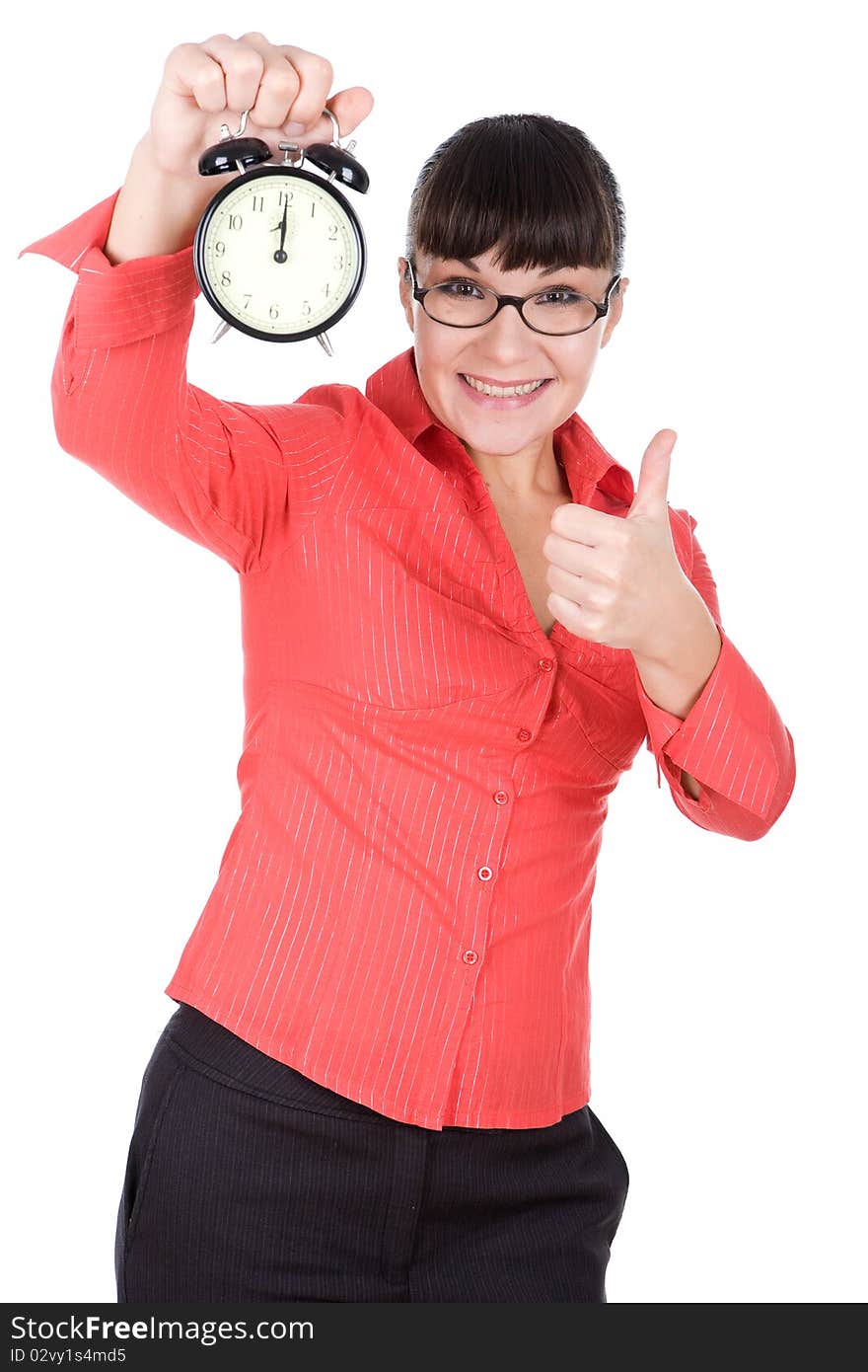 Young adult woman with clock. over white background