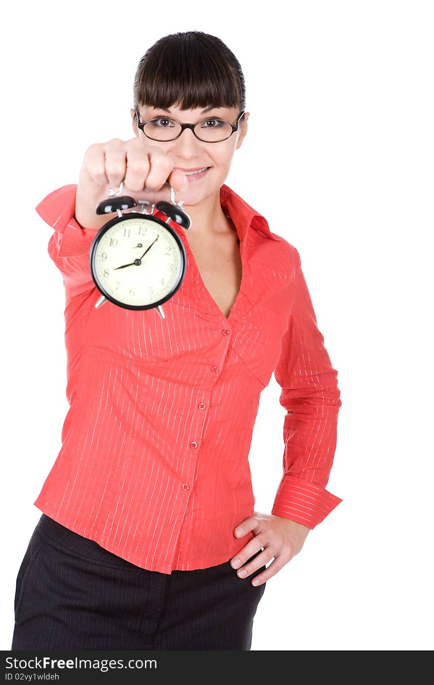 Young adult woman with clock. over white background