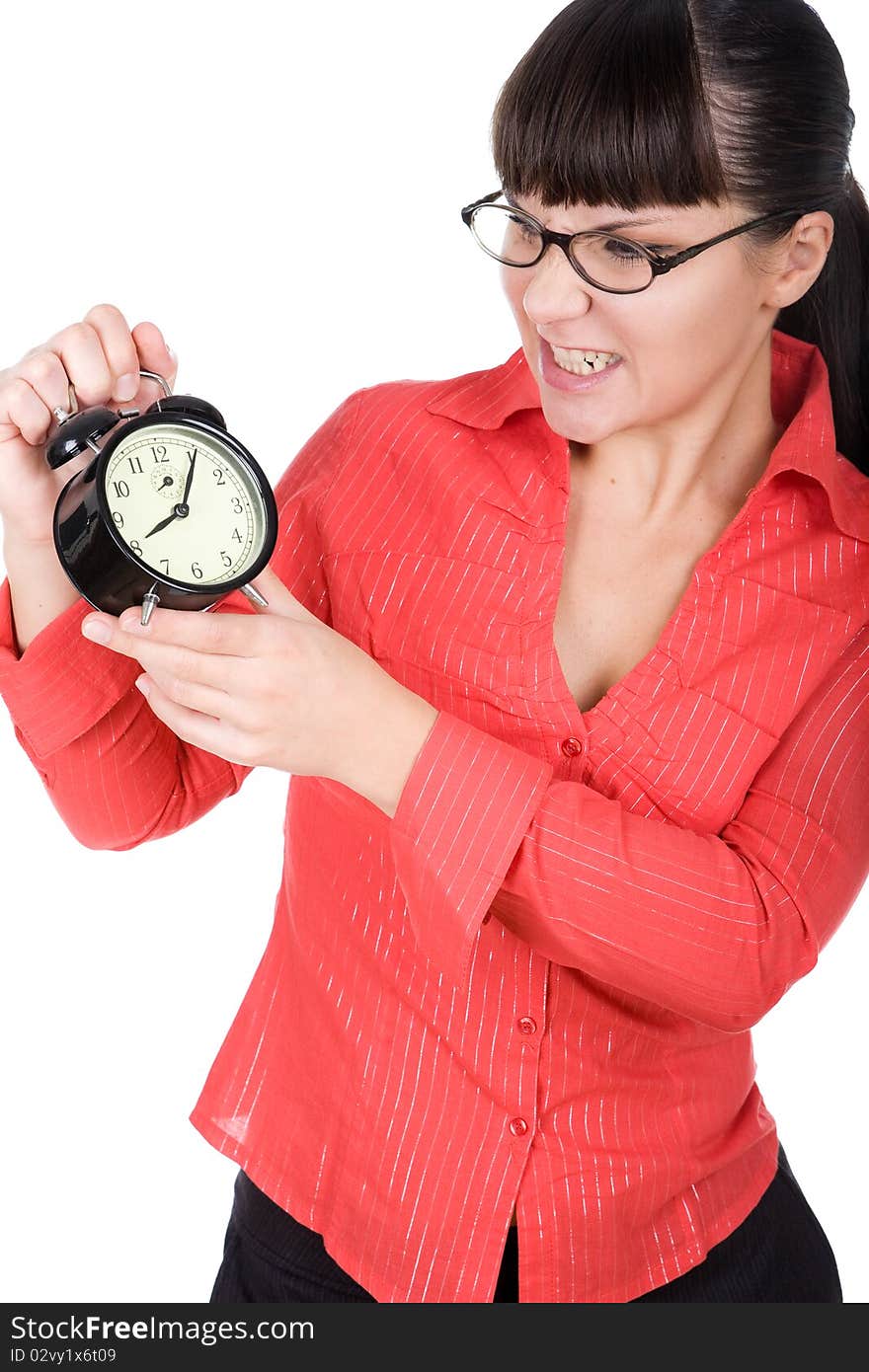 Young adult woman with clock. over white background