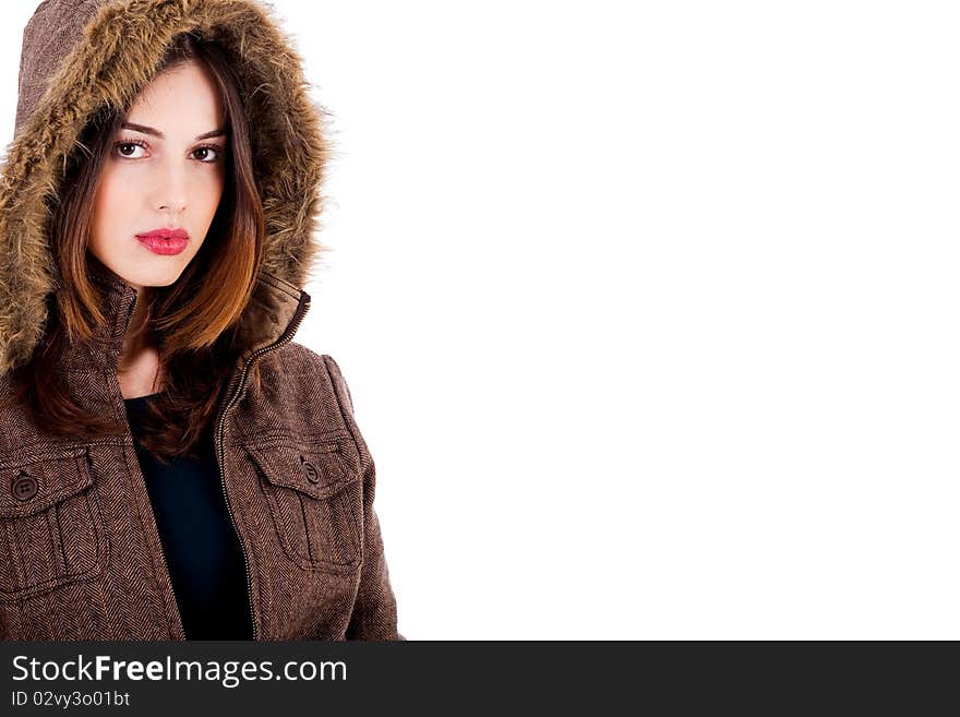 Fashionable young lady wearing overcoat on an isolated background. Fashionable young lady wearing overcoat on an isolated background