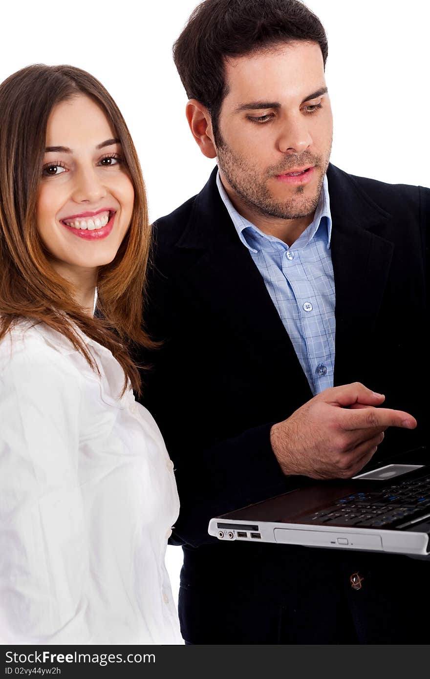 Closeup view of couple with laptop discussing on white background. Closeup view of couple with laptop discussing on white background