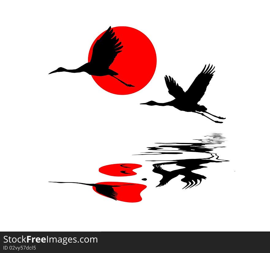 Vector illustration of the cranes in sky on background red sun