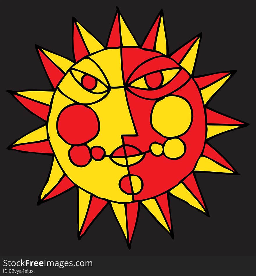 Red and yellow sun and moon symbol on black background