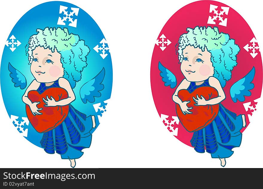 Cute angel with red heart on blue and red background