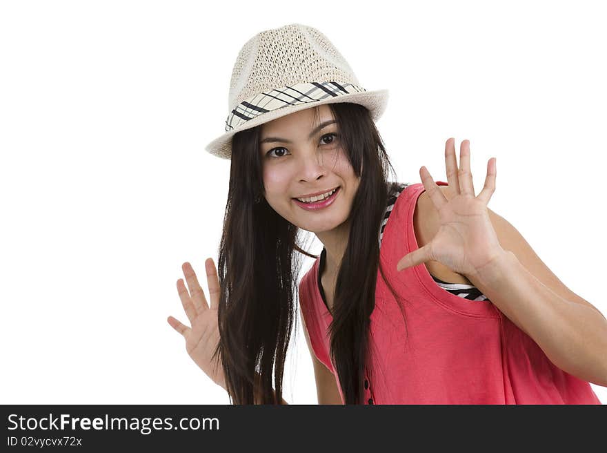 Beautiful asian woman with hands up, isolated on white background