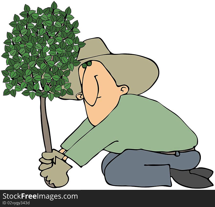 This illustration depicts a man planting a small tree. This illustration depicts a man planting a small tree.