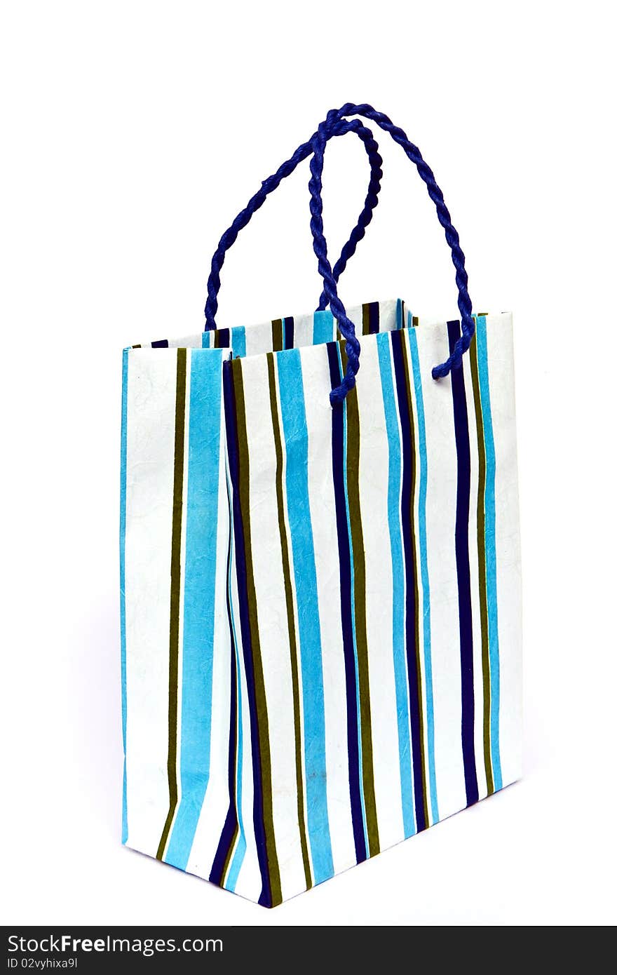 Paper stripes blue white bag on white background. Paper stripes blue white bag on white background