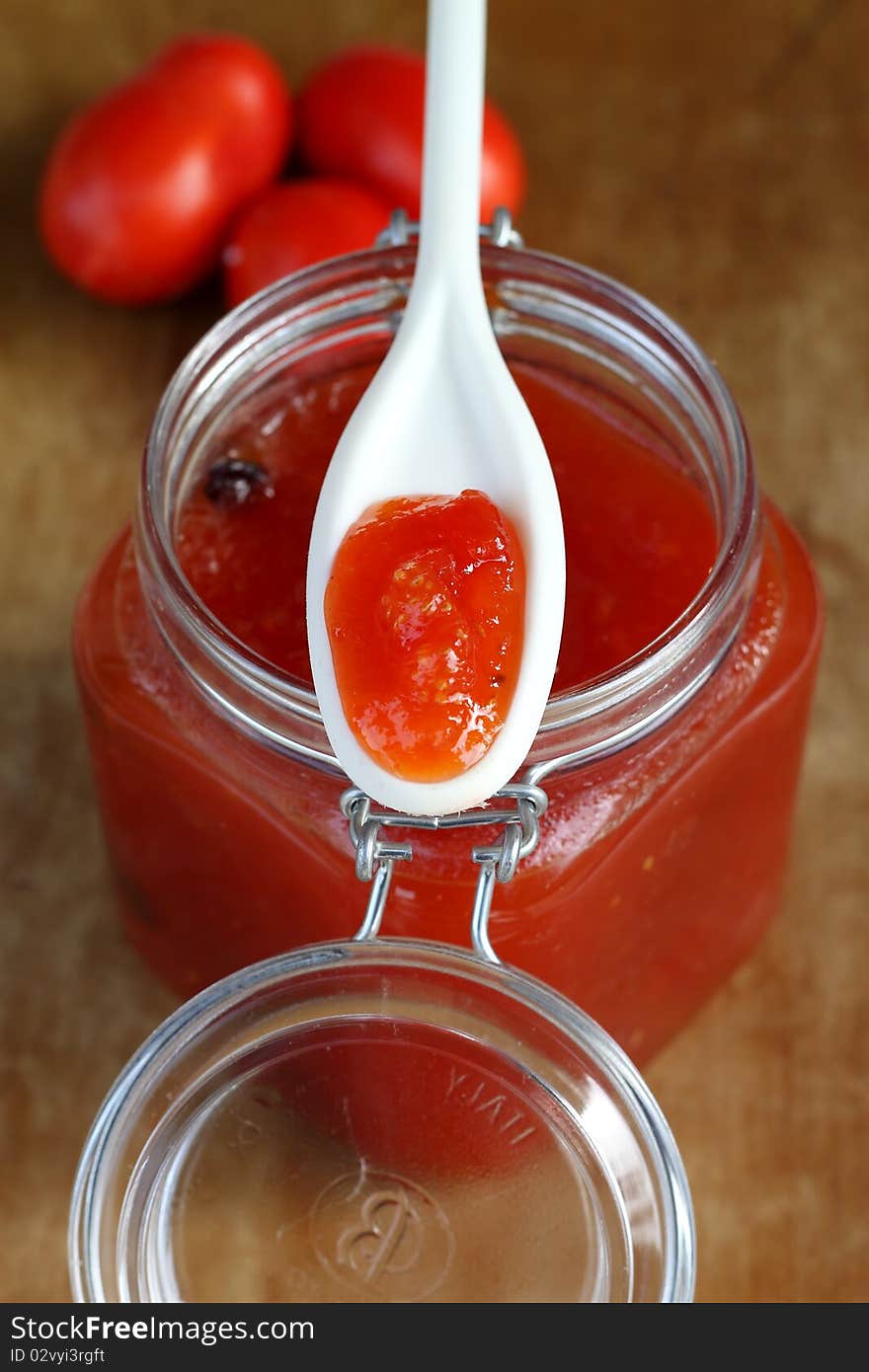 Delicious tomato jam with cinnamon with chocolate biscotti