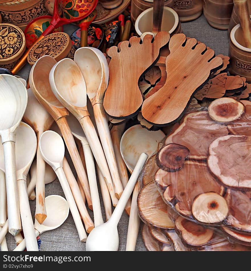 Wooden spoons on rural market