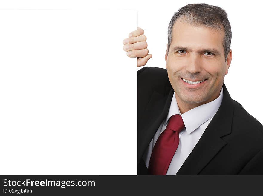 Handsome Businessman holding a blank sign