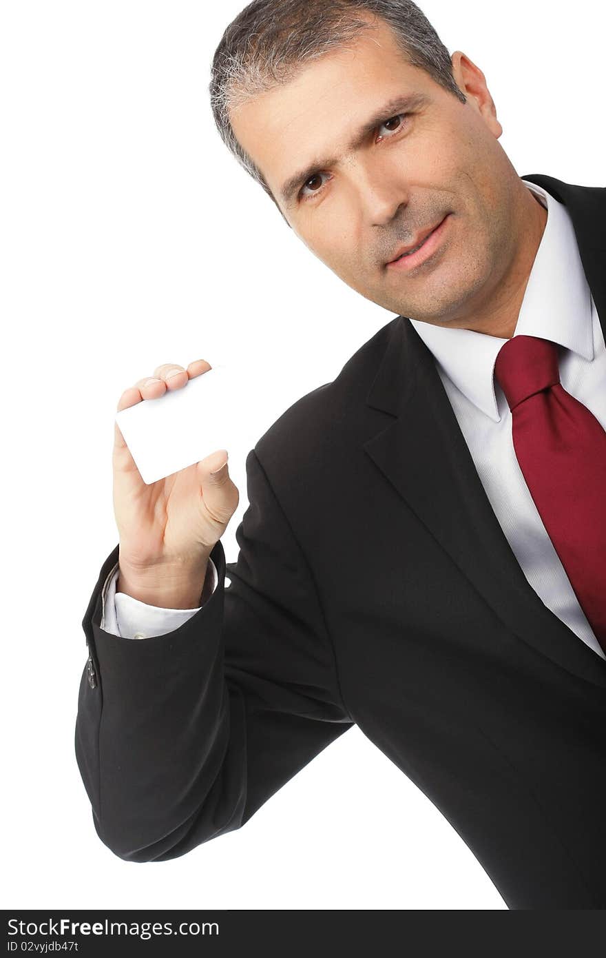 Businessman holding blank card