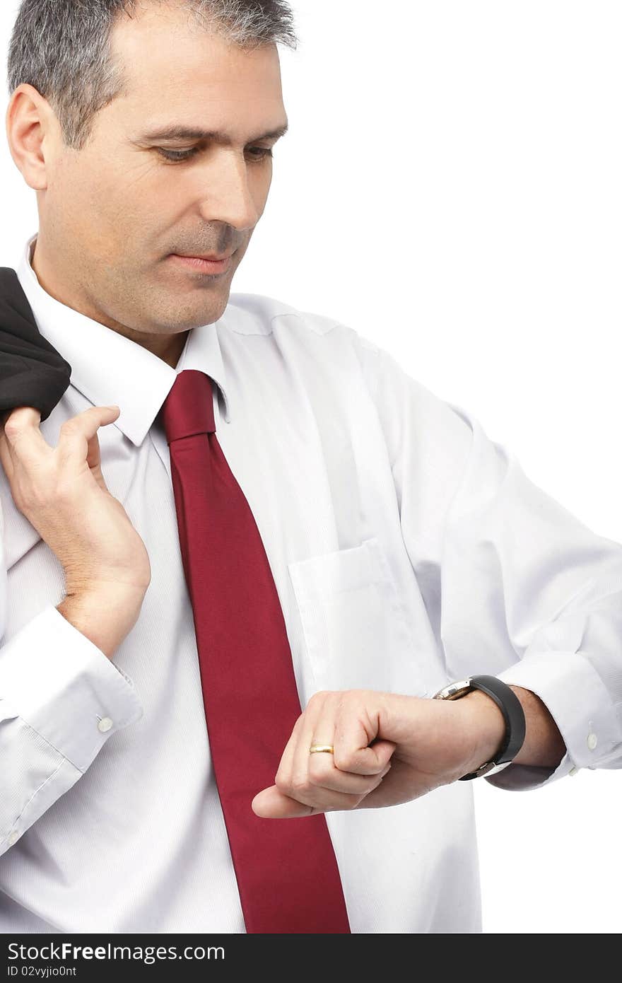 Handsome businessman showing time on his watch isolated on white background