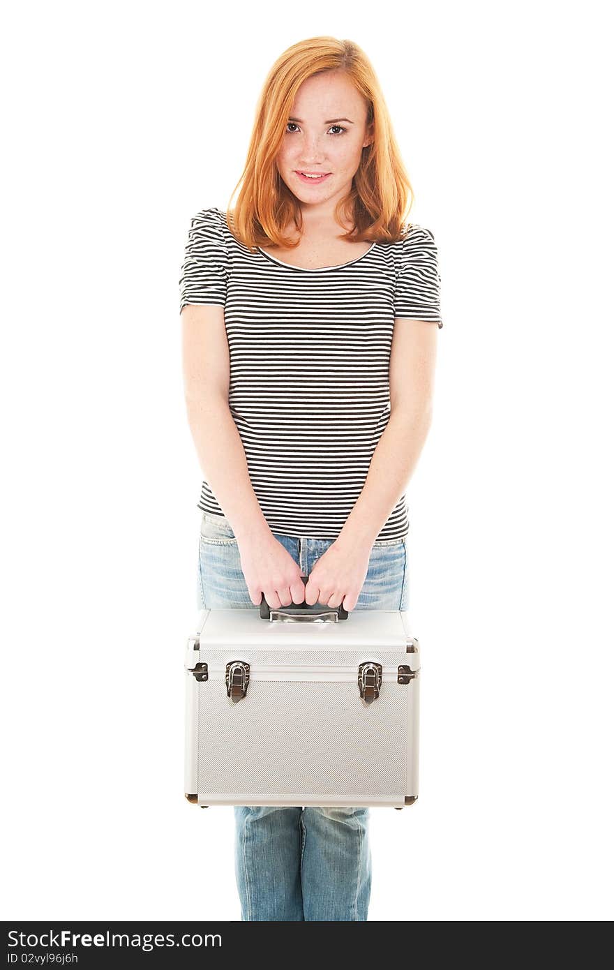 Redhead girl with plastic case isolated on white