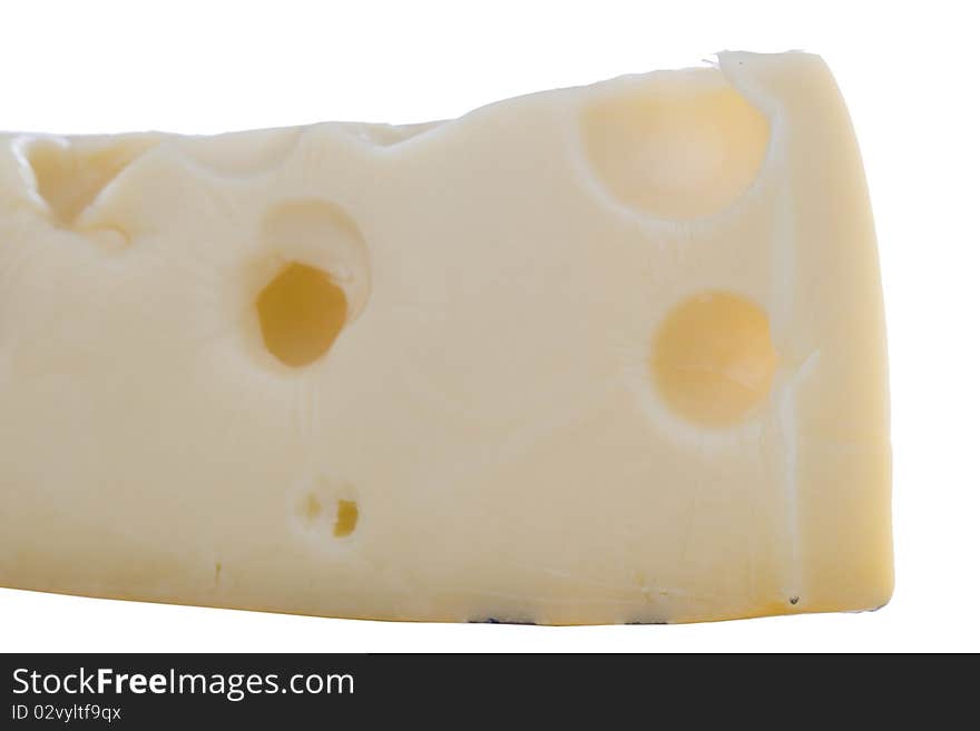 Swiss cheese slice on a white background.