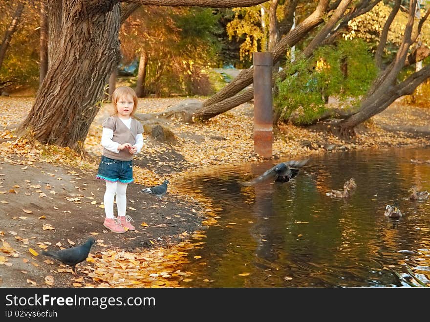 Autumn. Little girl (3 years old) stands at the bank of the pond. She feeds birds. Autumn. Little girl (3 years old) stands at the bank of the pond. She feeds birds.