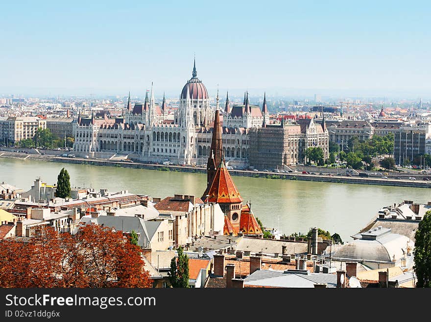 Panoramic view of Budapest including river Danube and roofs. Panoramic view of Budapest including river Danube and roofs