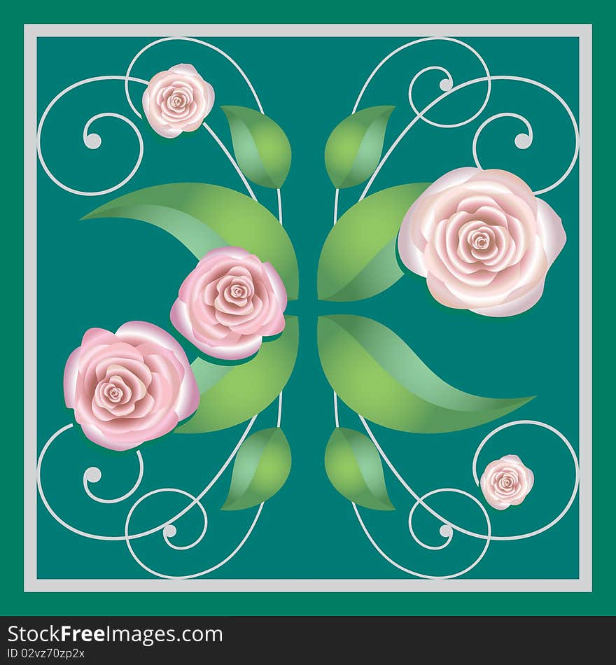 Element of a flower ornament on a green background, in a square, roses. Element of a flower ornament on a green background, in a square, roses