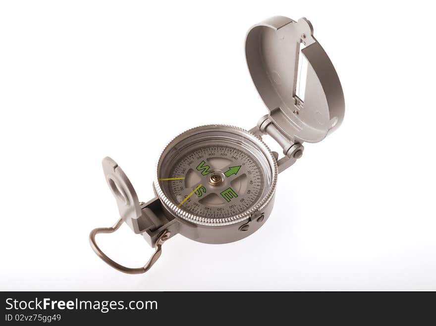 Isolated compass pointing north on a white background