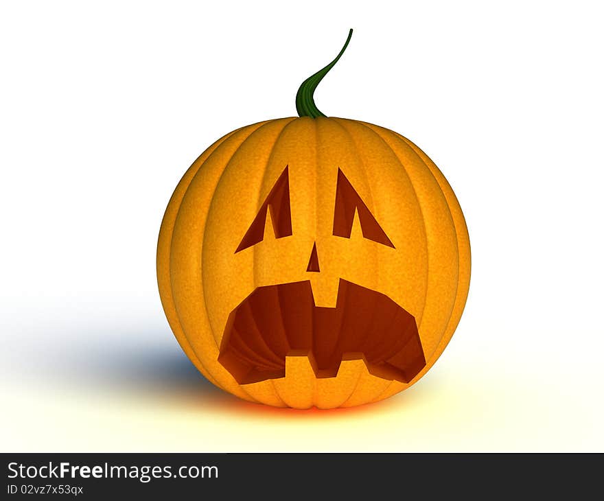 Frightened yellow pumpkin on a white background