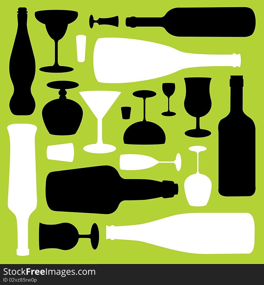 A pattern of various bottles and glasses. A pattern of various bottles and glasses