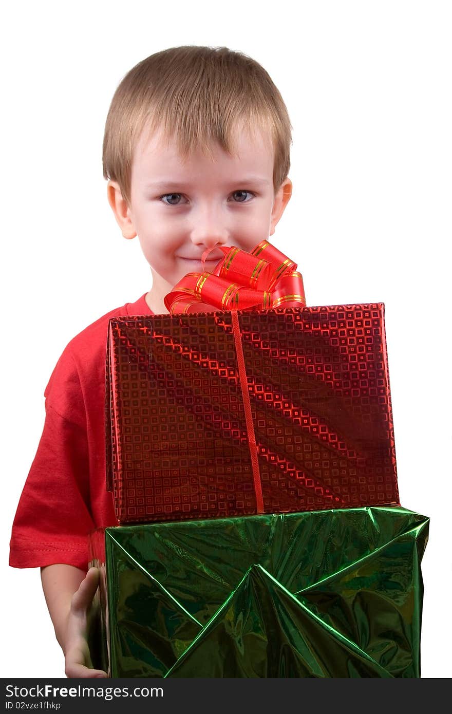 Happy boy with presents isolated on white background