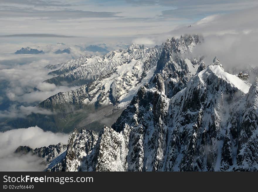 Panoramic view of high Alps covered by snow in France