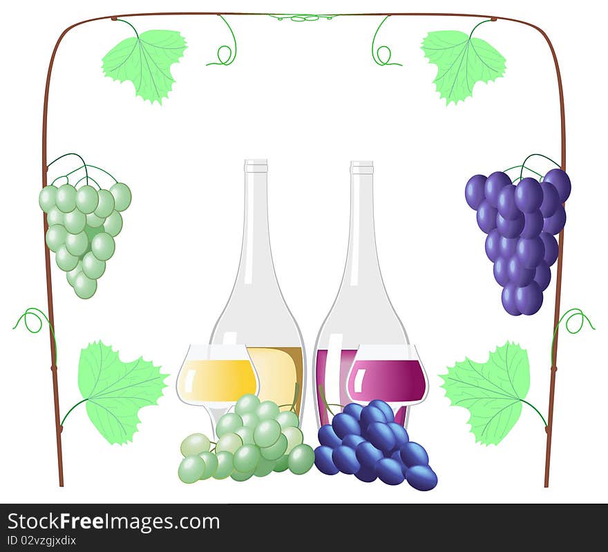 Bottles and a glasses of wine and grapes are shown in the picture. Bottles and a glasses of wine and grapes are shown in the picture.