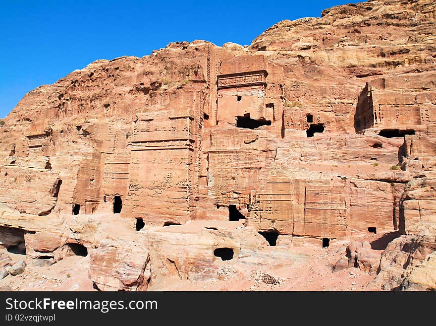 The ancient city of Petra in Jordan. It was carved out the rocks. It is now an UNESCO World Heritage Site. Jordan