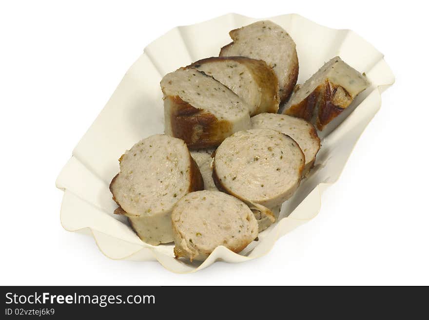 Grilled thuringian bratwurst on bright background