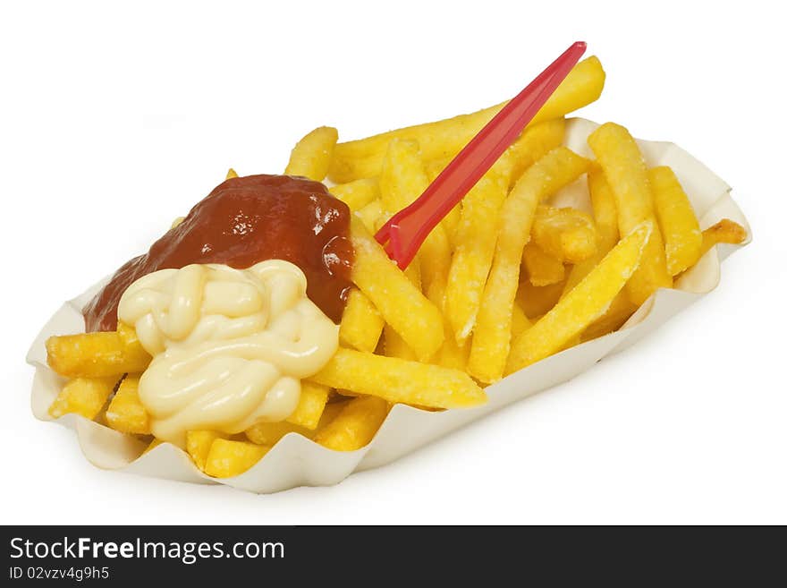 French fries on a paper plate on bright  background