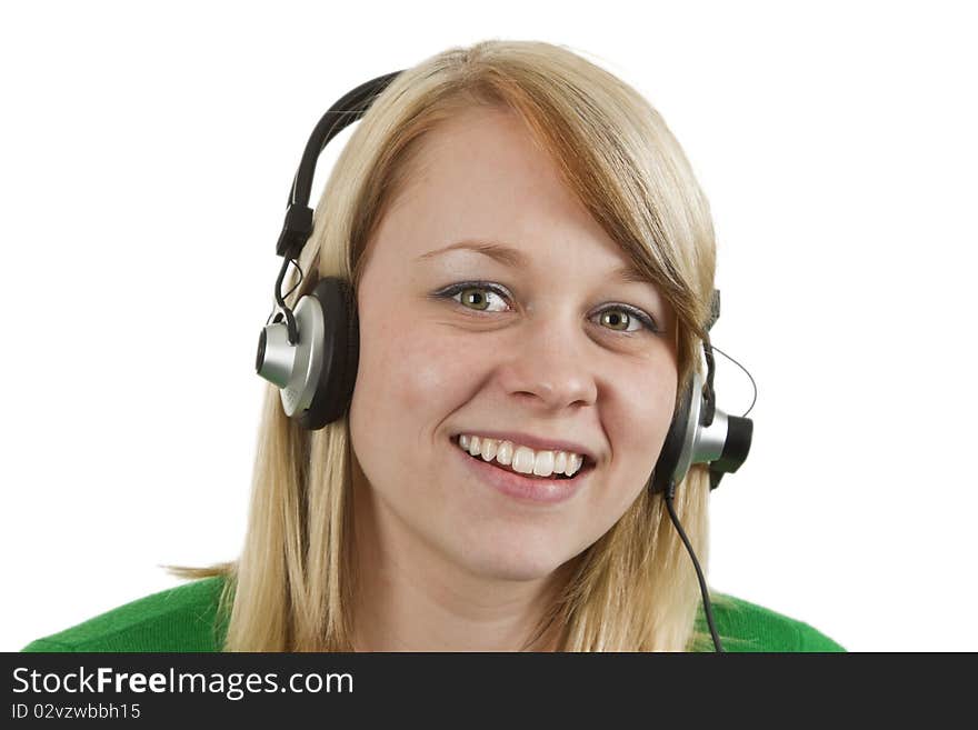 Young woman with headset on isolated white background. Young woman with headset on isolated white background.