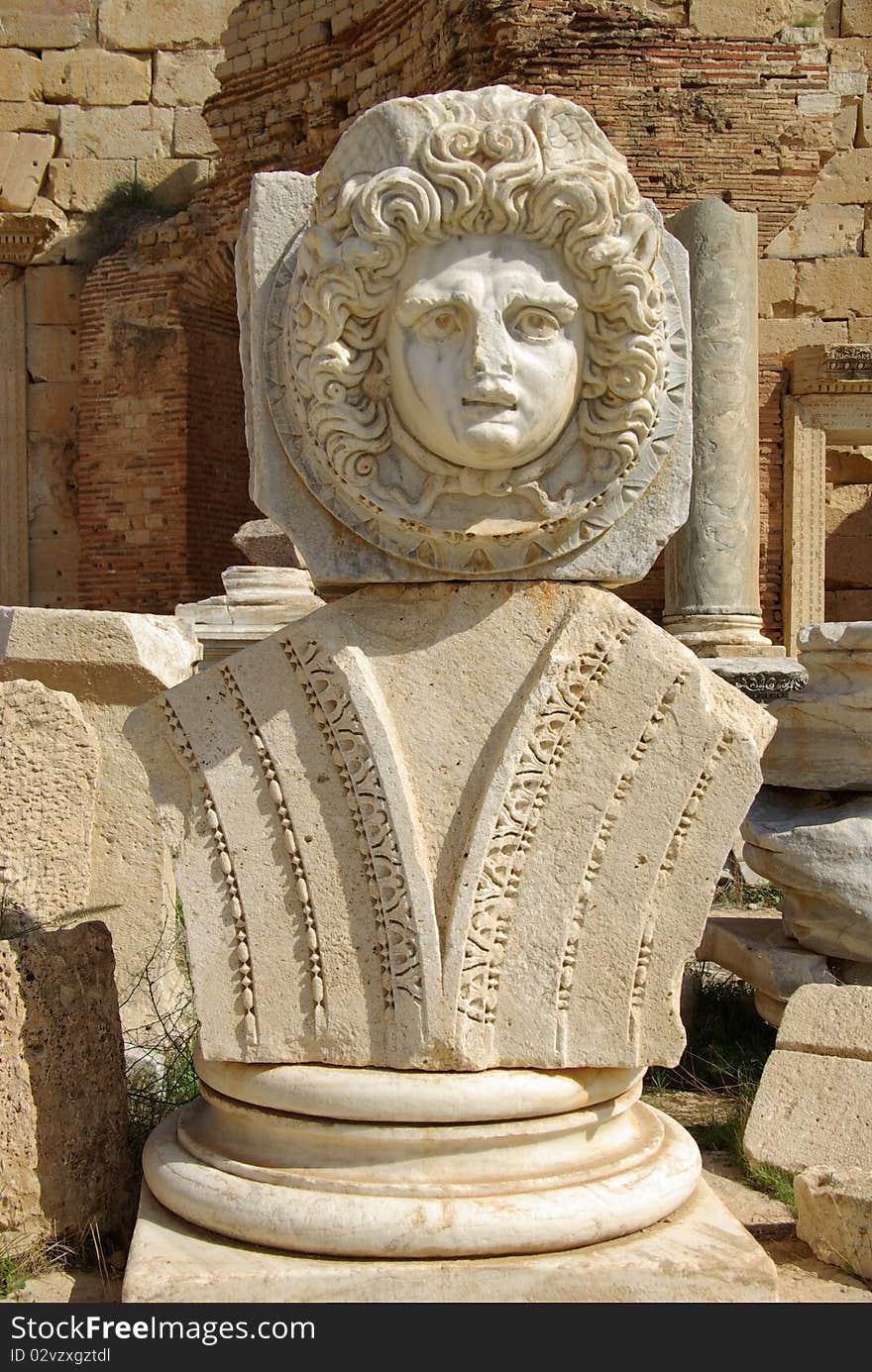 Stone medallion in Leptis Magna, in Libya