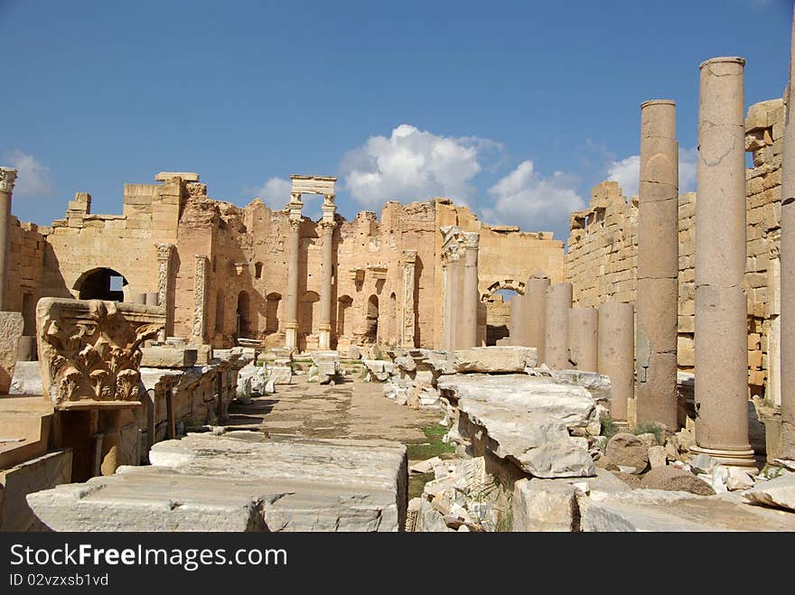 Basilica in the Roman ruins of Leptis Magna in Libya, in Africa. Basilica in the Roman ruins of Leptis Magna in Libya, in Africa