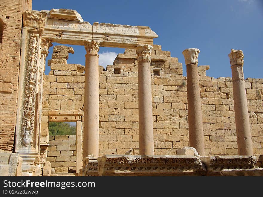 Columns in the roman ruins of Leptis Magna in Libya, in Africa. Columns in the roman ruins of Leptis Magna in Libya, in Africa