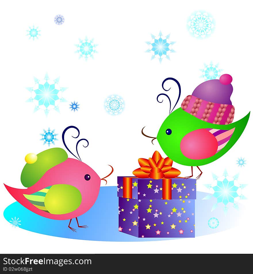 Cute bird giving present to another one in winter time. Cute bird giving present to another one in winter time