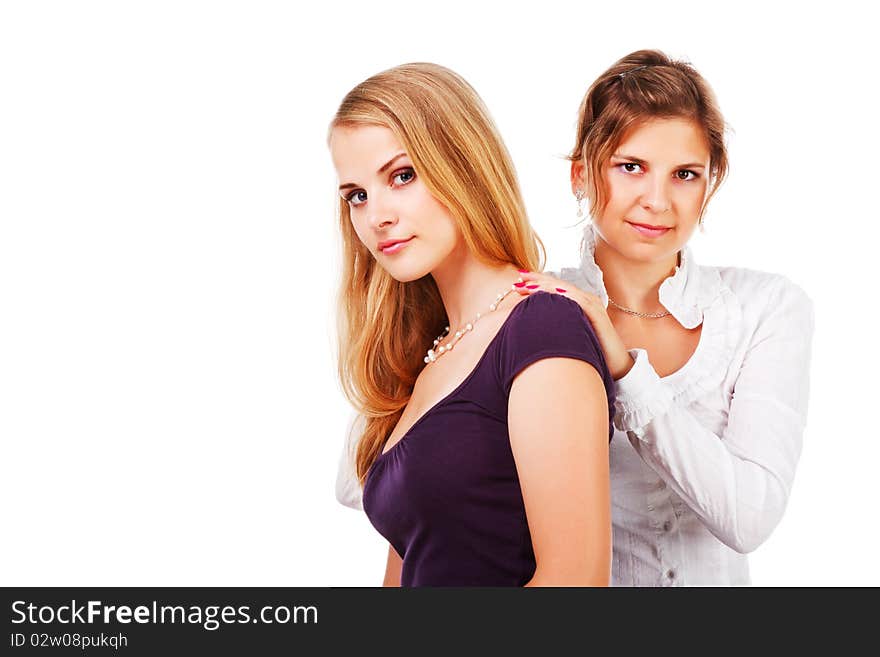 Picture of a two beautiful young girl on white background