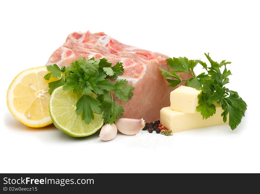 Shows a set of cooking pork chops, marinated in lime and lemon. Isolated on a white background. Shows a set of cooking pork chops, marinated in lime and lemon. Isolated on a white background.