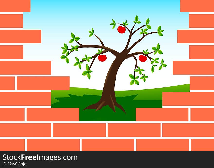 Brick wall with apple-tree