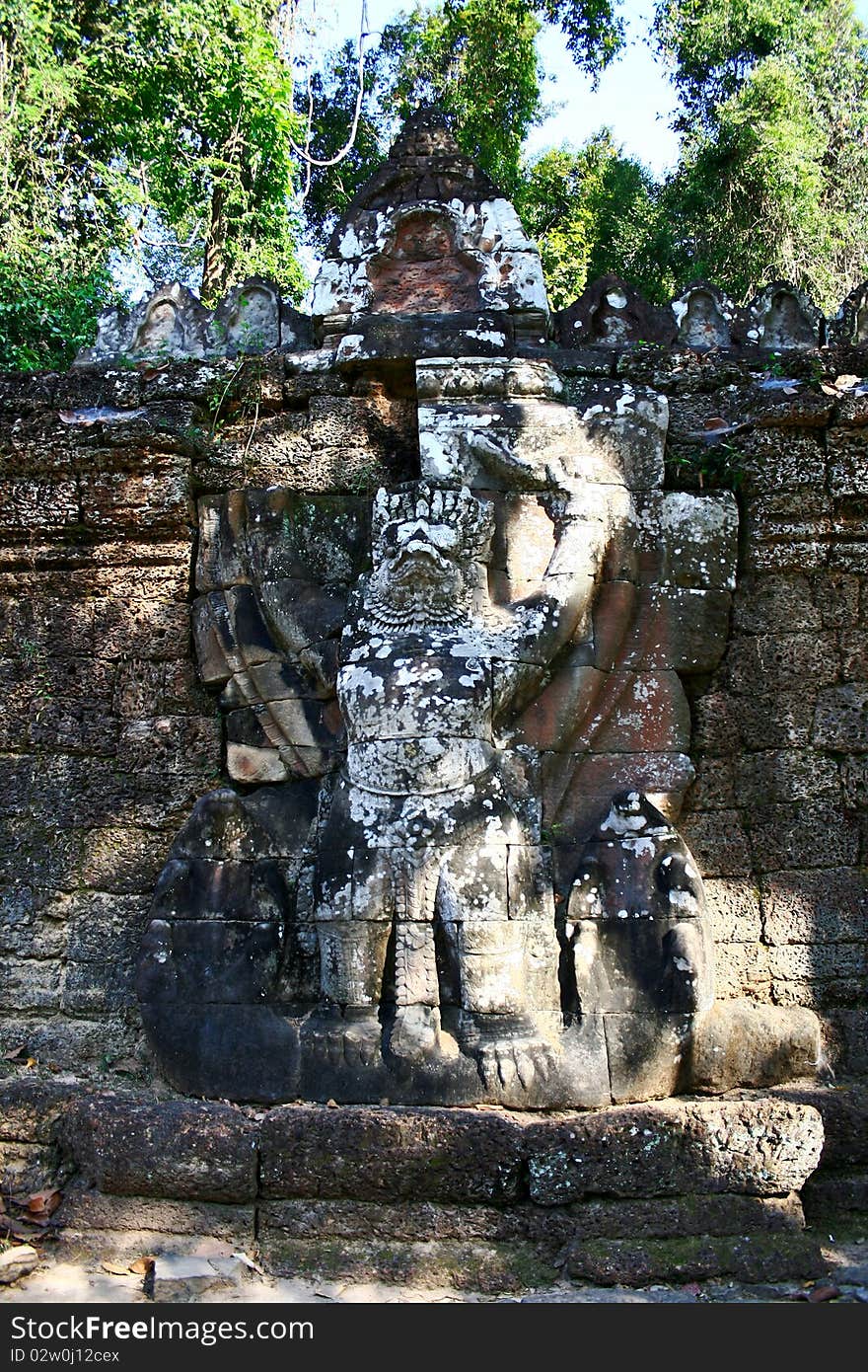 Giant garuda on the wall of the enclosure,Ta Prohm temple,Angkor,Cambodia