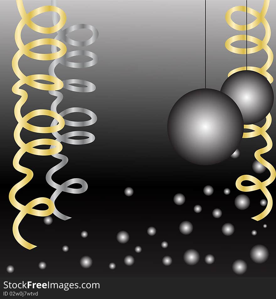 Two Christmas ball and serpentine on a black background with snowflakes. Two Christmas ball and serpentine on a black background with snowflakes