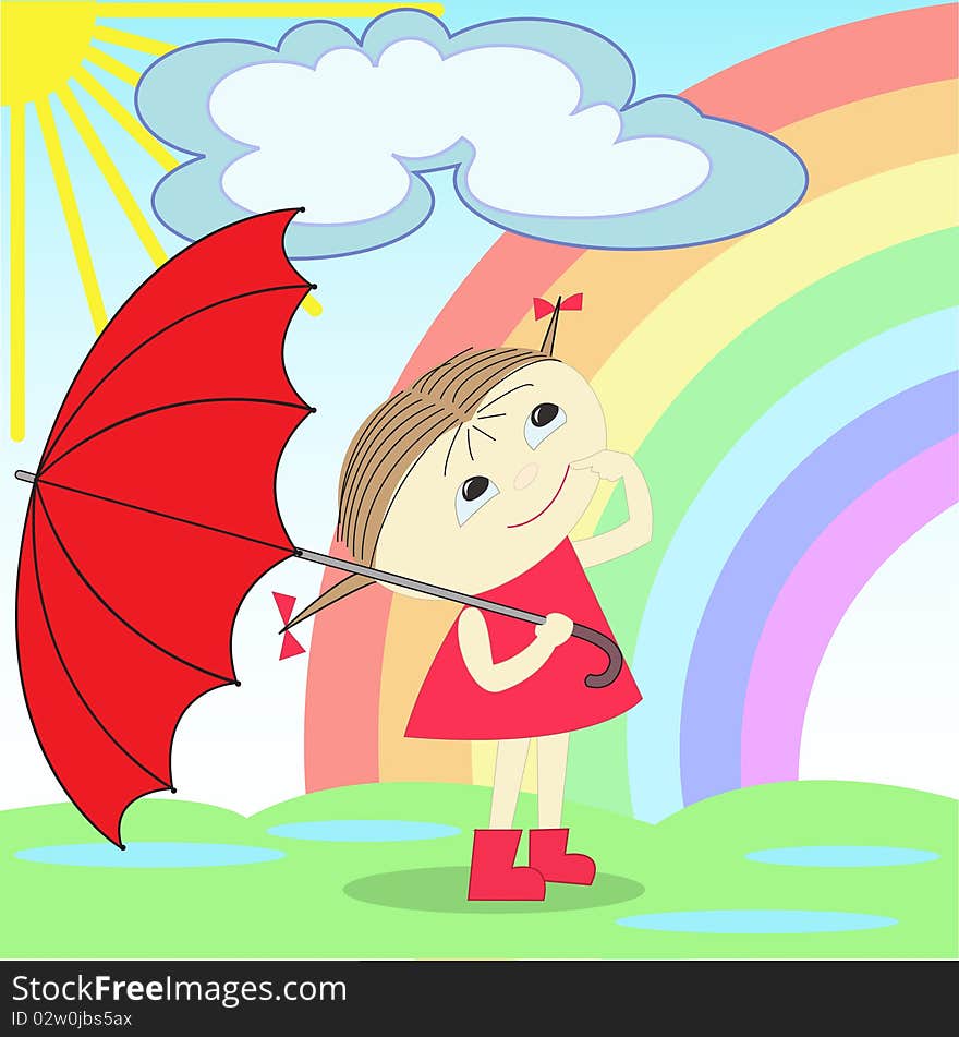 Girl with red umbrella stands after a rain under the rainbow. Girl with red umbrella stands after a rain under the rainbow