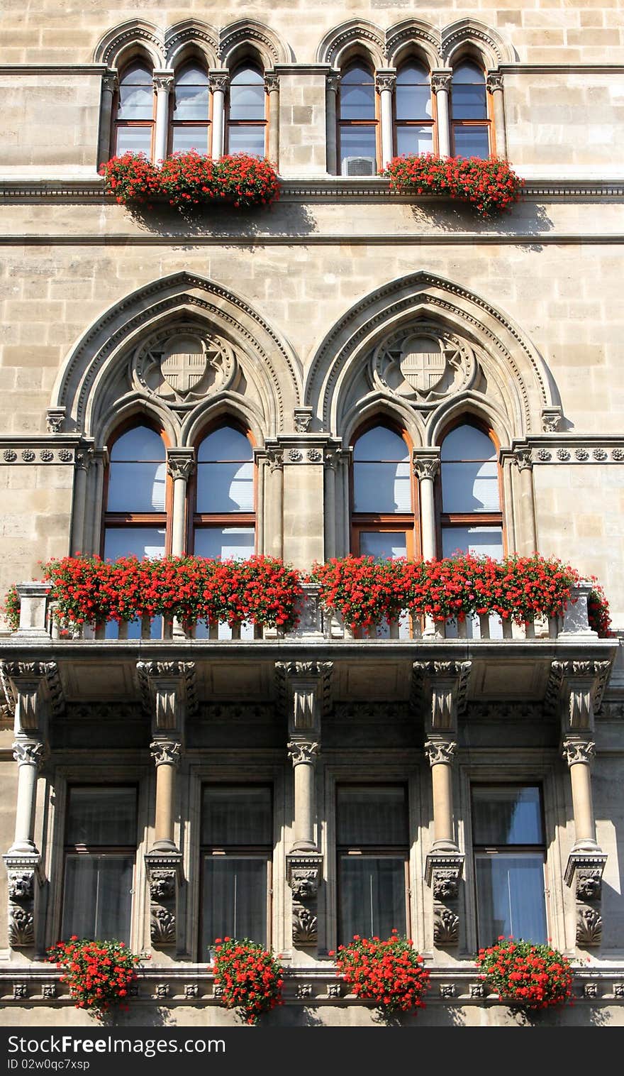 Old style windows with red flowers, on a mainson facade.