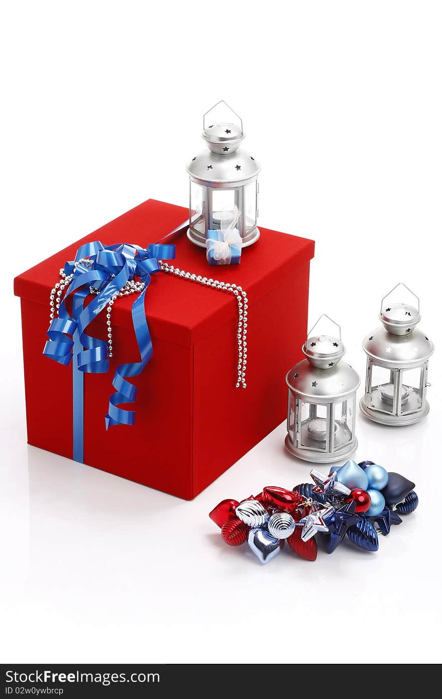 Red present box with blue ribbo