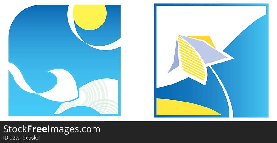 Two icons: a summer sea landscape (blue and yellow color scale). Two icons: a summer sea landscape (blue and yellow color scale)